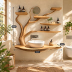 Curving Trunk Live Edge Bathroom Vanity 45-60 Inch, Thick Floating Countertop with Five Tree Branch Shelves