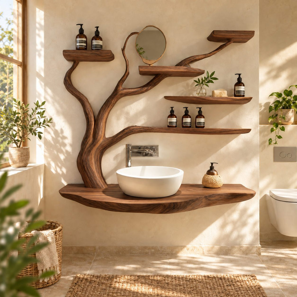 Curving Trunk Live Edge Bathroom Vanity 45-60 Inch, Thick Floating Countertop with Five Tree Branch Shelves