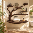 Curving Trunk Live Edge Bathroom Vanity 45-60 Inch, Thick Floating Countertop with Five Tree Branch Shelves