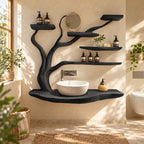 Curving Trunk Live Edge Bathroom Vanity 45-60 Inch, Thick Floating Countertop with Five Tree Branch Shelves