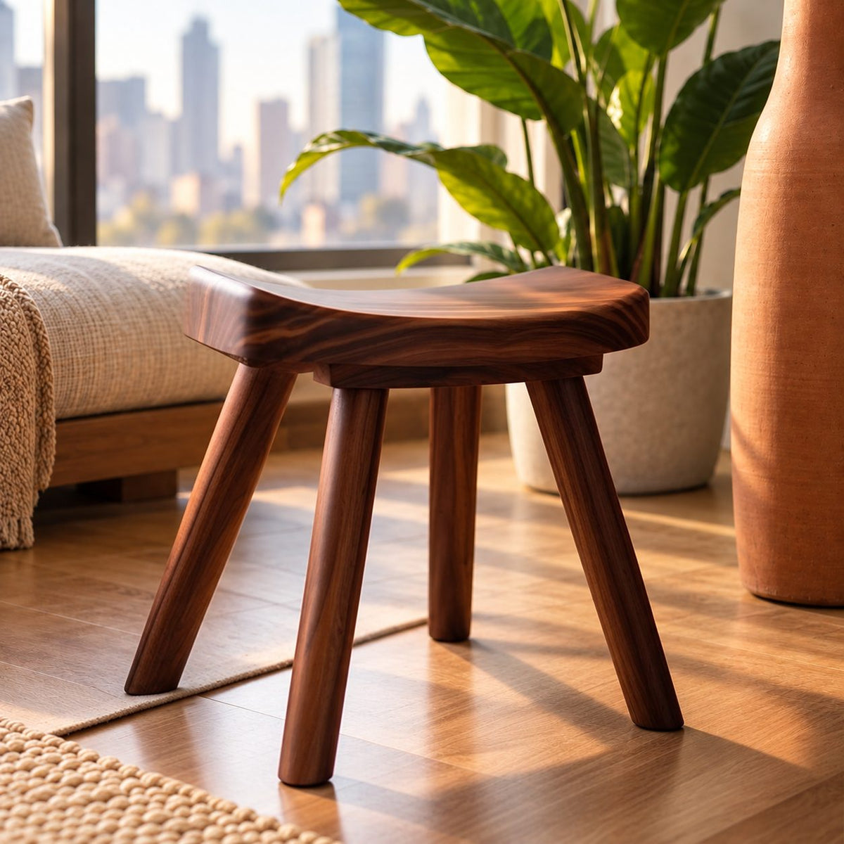 Four Leg Splayed Shower Stool, Small Solid Wood Bath Stool with Saddle Seat and Tapered Legs, 12 Inch