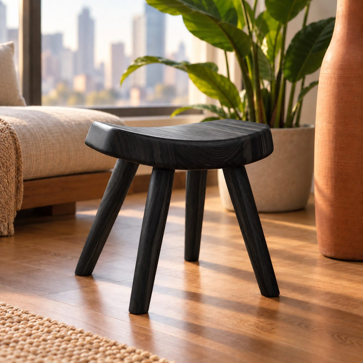 Four Leg Splayed Shower Stool, Small Solid Wood Bath Stool with Saddle Seat and Tapered Legs, 12 Inch
