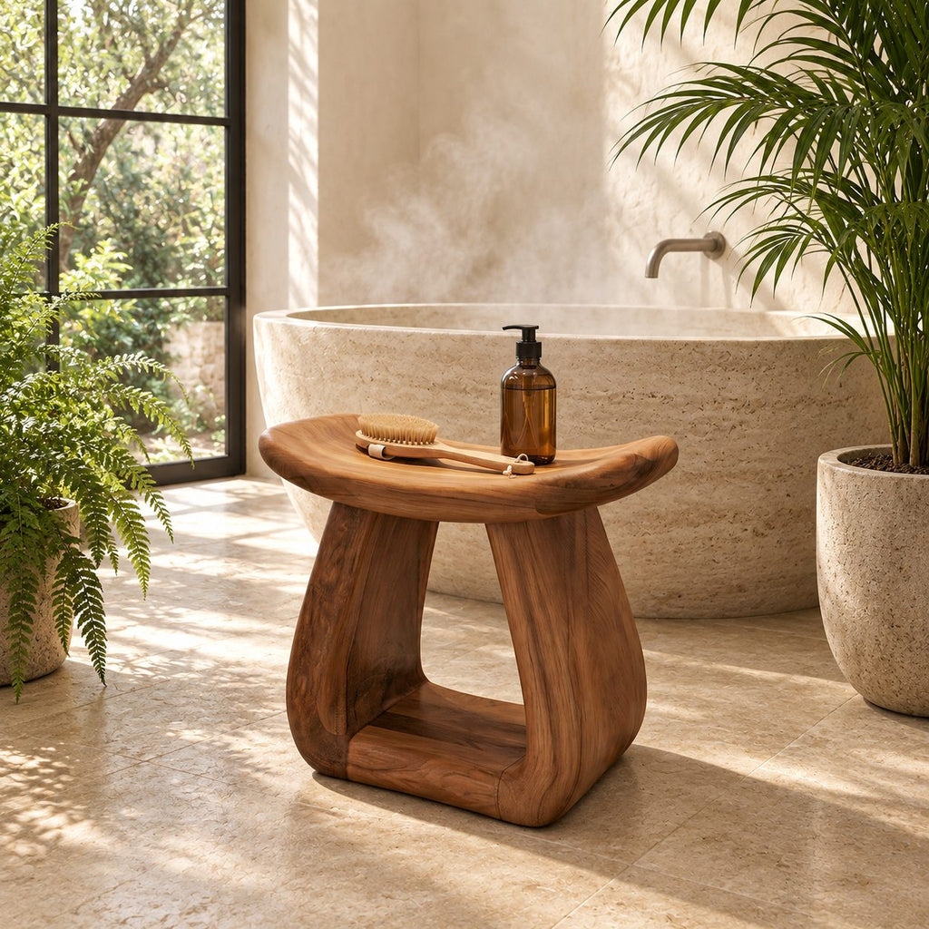 Hollow Pedestal Shower Stool, Sculpted Solid Wood Bath Stool with Rounded Saddle Top and Open Arch, 18-24 Inch