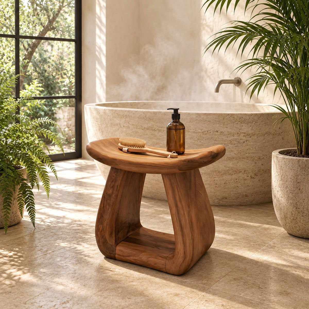 Hollow Pedestal Shower Stool, Sculpted Solid Wood Bath Stool with Rounded Saddle Top and Open Arch, 18-24 Inch