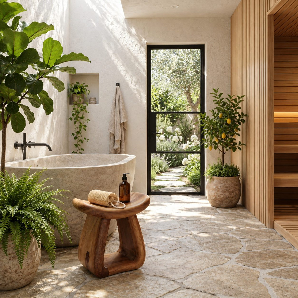 Hollow Pedestal Shower Stool, Sculpted Solid Wood Bath Stool with Rounded Saddle Top and Open Arch, 18-24 Inch