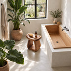 Hollow Pedestal Shower Stool, Sculpted Solid Wood Bath Stool with Rounded Saddle Top and Open Arch, 18-24 Inch