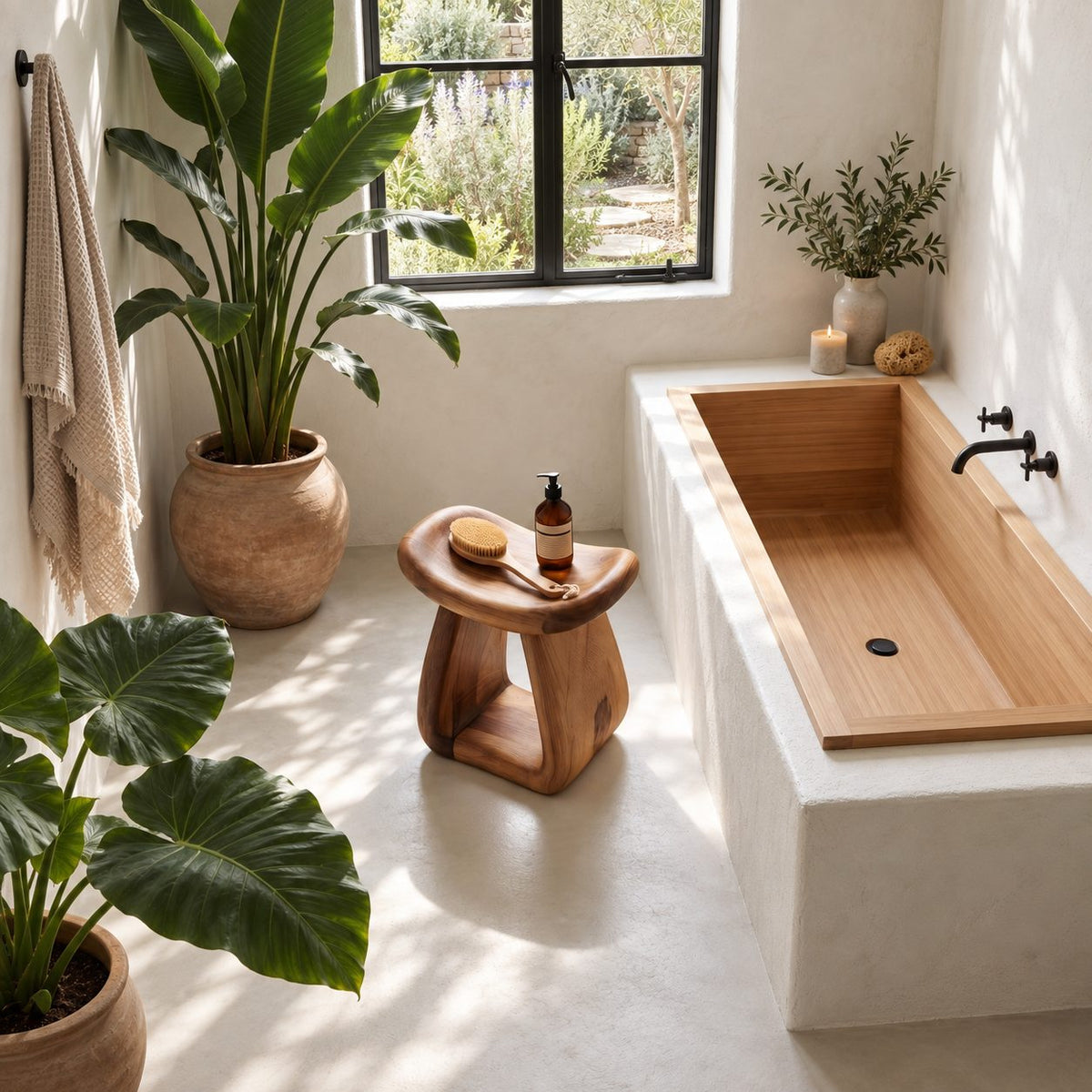Hollow Pedestal Shower Stool, Sculpted Solid Wood Bath Stool with Rounded Saddle Top and Open Arch, 18-24 Inch