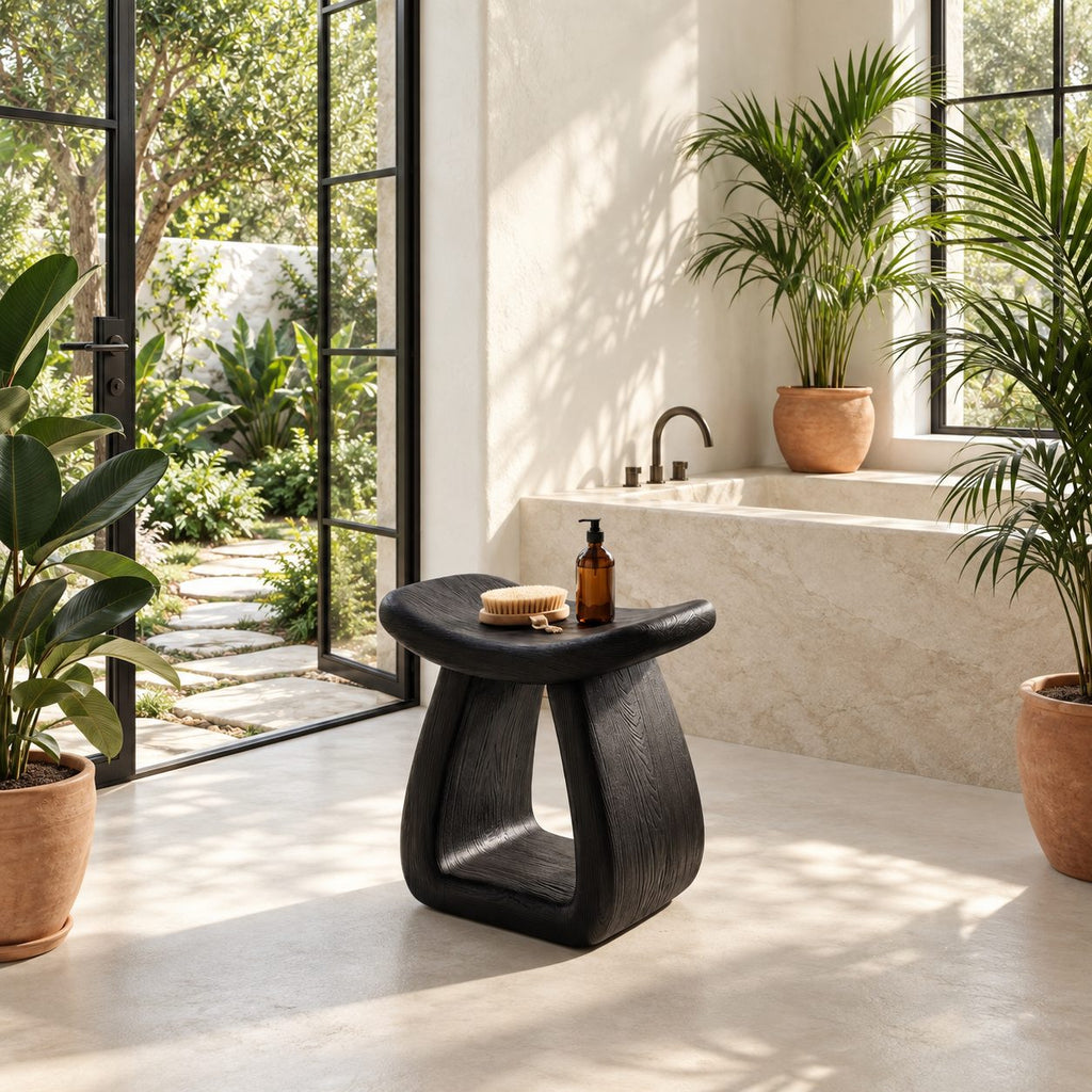 Hollow Pedestal Shower Stool, Sculpted Solid Wood Bath Stool with Rounded Saddle Top and Open Arch, 18-24 Inch