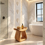 Hollow Pedestal Shower Stool, Sculpted Solid Wood Bath Stool with Rounded Saddle Top and Open Arch, 18-24 Inch