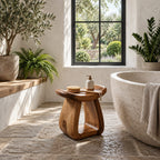 Hollow Pedestal Shower Stool, Sculpted Solid Wood Bath Stool with Rounded Saddle Top and Open Arch, 18-24 Inch