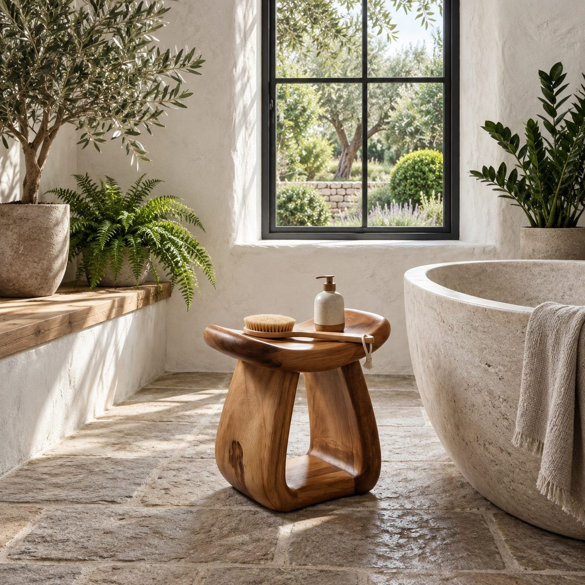 Hollow Pedestal Shower Stool, Sculpted Solid Wood Bath Stool with Rounded Saddle Top and Open Arch, 18-24 Inch
