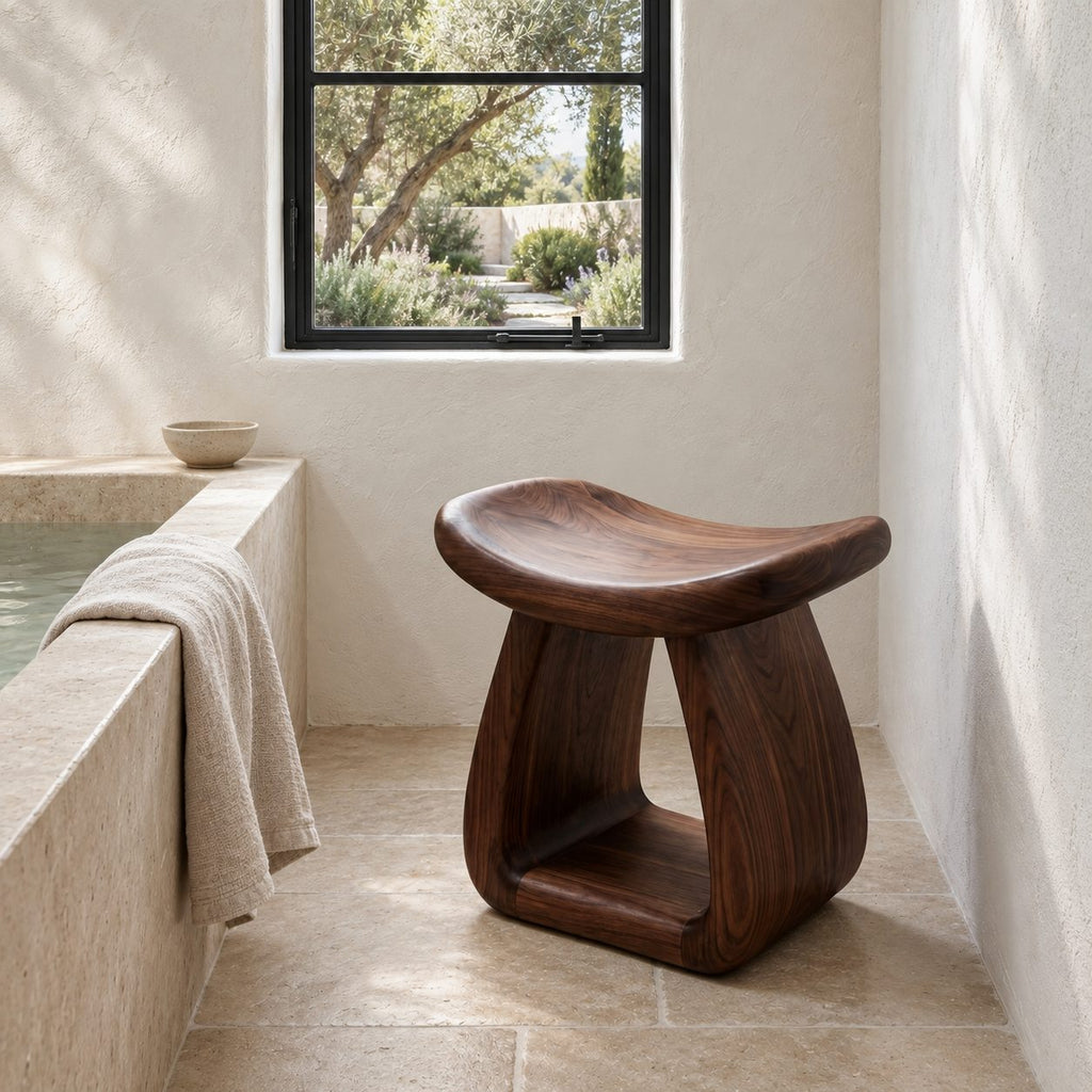 Hollow Pedestal Shower Stool, Sculpted Solid Wood Bath Stool with Rounded Saddle Top and Open Arch, 18-24 Inch