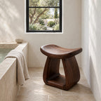 Hollow Pedestal Shower Stool, Sculpted Solid Wood Bath Stool with Rounded Saddle Top and Open Arch, 18-24 Inch