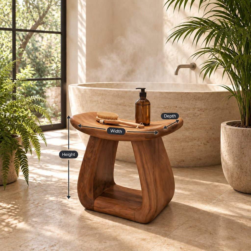 Hollow Pedestal Shower Stool, Sculpted Solid Wood Bath Stool with Rounded Saddle Top and Open Arch, 18-24 Inch