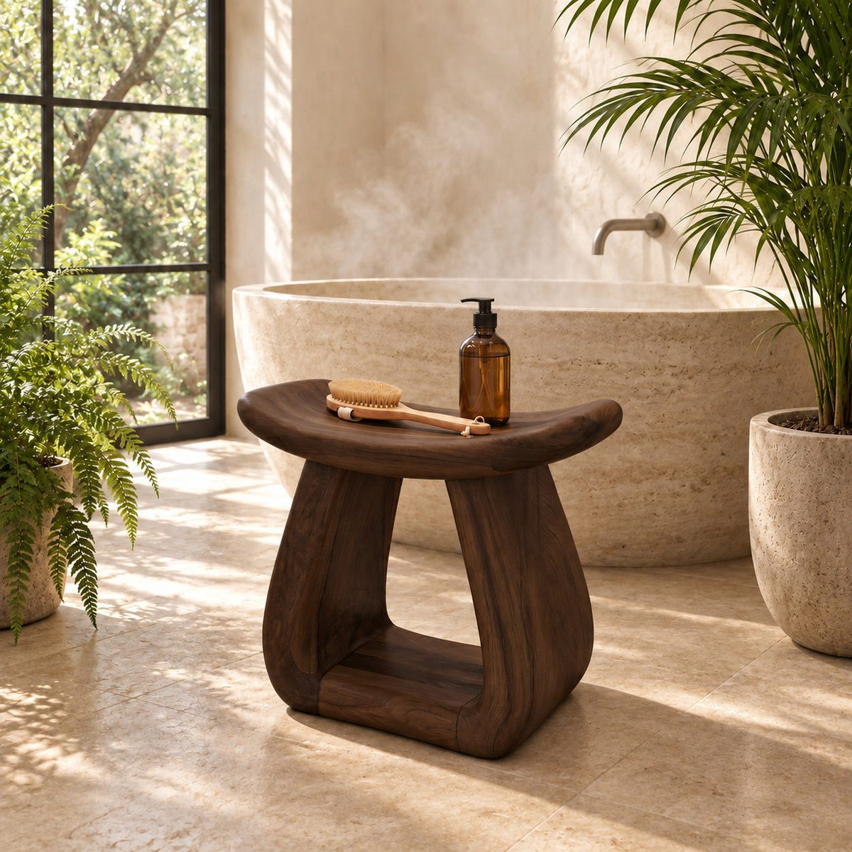 Hollow Pedestal Shower Stool, Sculpted Solid Wood Bath Stool with Rounded Saddle Top and Open Arch, 18-24 Inch