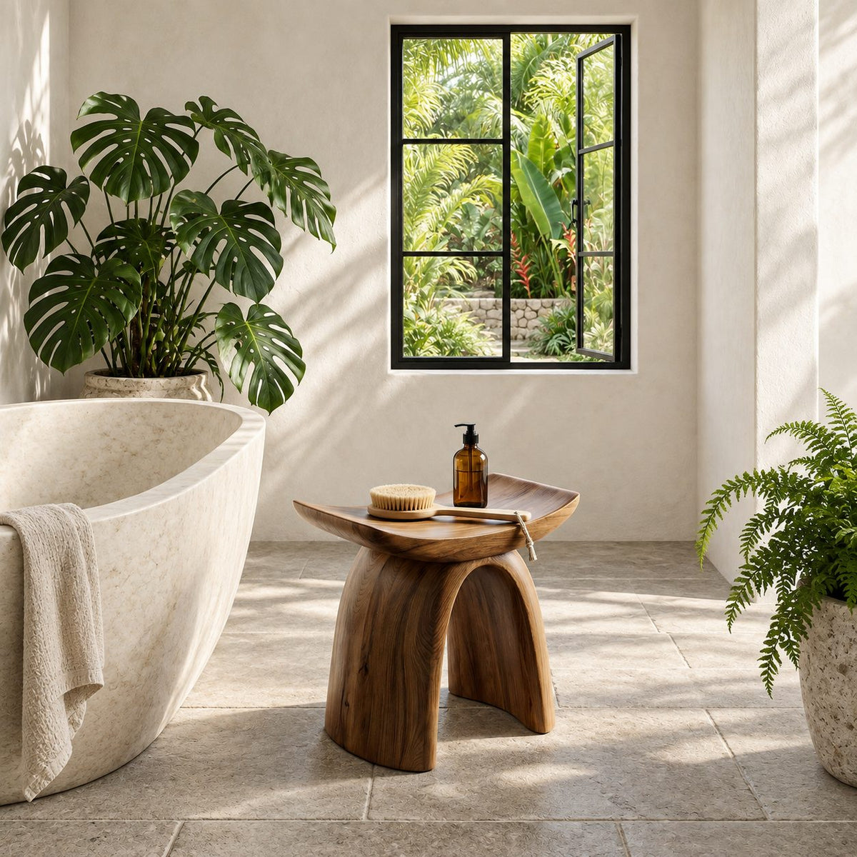 Bow Leg Saddle Shower Stool, Solid Wood Bath Seat with Upturned Ends on Two Arched Legs, 18-24 Inch