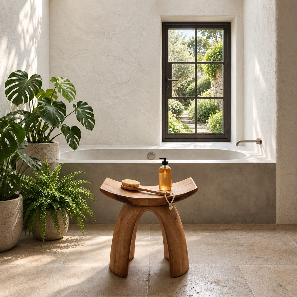 Bow Leg Saddle Shower Stool, Solid Wood Bath Seat with Upturned Ends on Two Arched Legs, 18-24 Inch