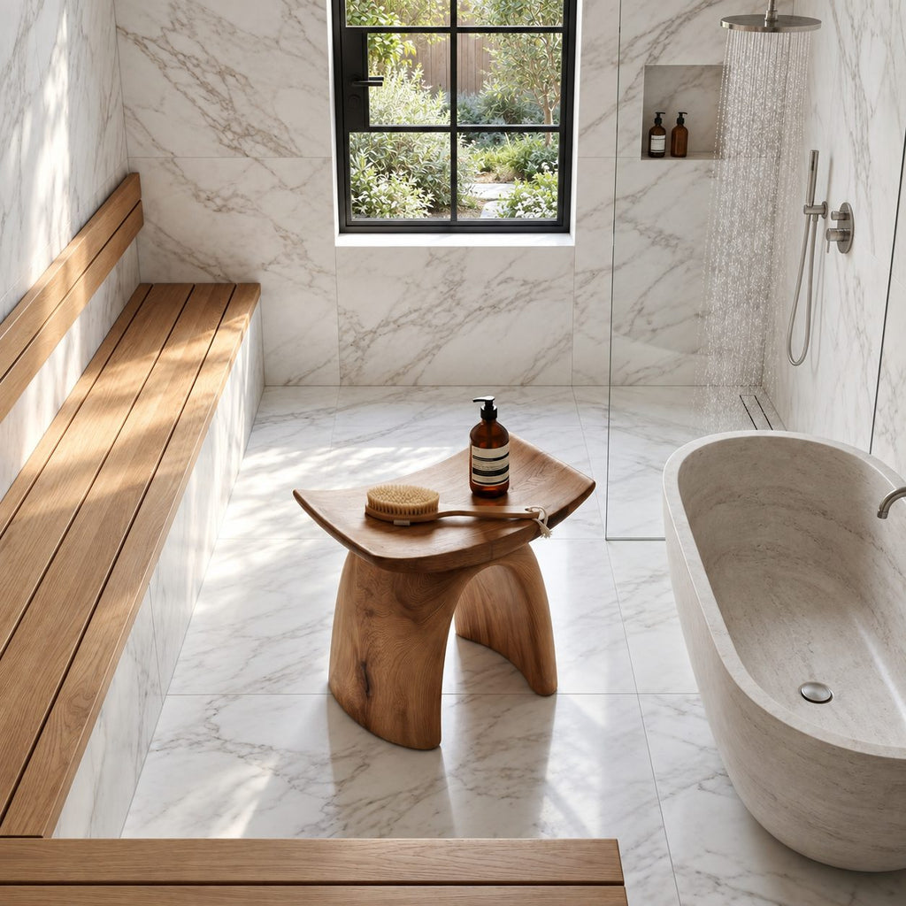 Bow Leg Saddle Shower Stool, Solid Wood Bath Seat with Upturned Ends on Two Arched Legs, 18-24 Inch