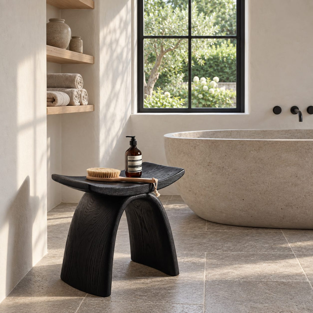 Bow Leg Saddle Shower Stool, Solid Wood Bath Seat with Upturned Ends on Two Arched Legs, 18-24 Inch