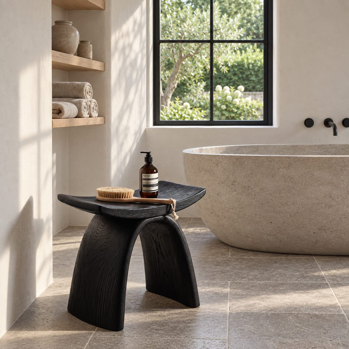 Bow Leg Saddle Shower Stool, Solid Wood Bath Seat with Upturned Ends on Two Arched Legs, 18-24 Inch
