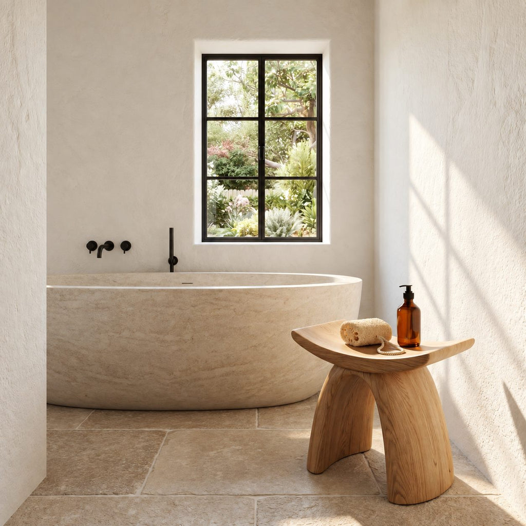Bow Leg Saddle Shower Stool, Solid Wood Bath Seat with Upturned Ends on Two Arched Legs, 18-24 Inch