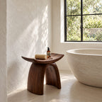 Bow Leg Saddle Shower Stool, Solid Wood Bath Seat with Upturned Ends on Two Arched Legs, 18-24 Inch