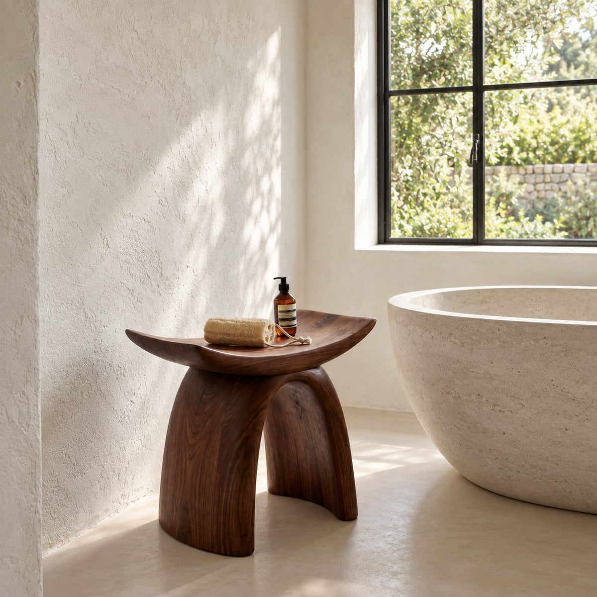 Bow Leg Saddle Shower Stool, Solid Wood Bath Seat with Upturned Ends on Two Arched Legs, 18-24 Inch