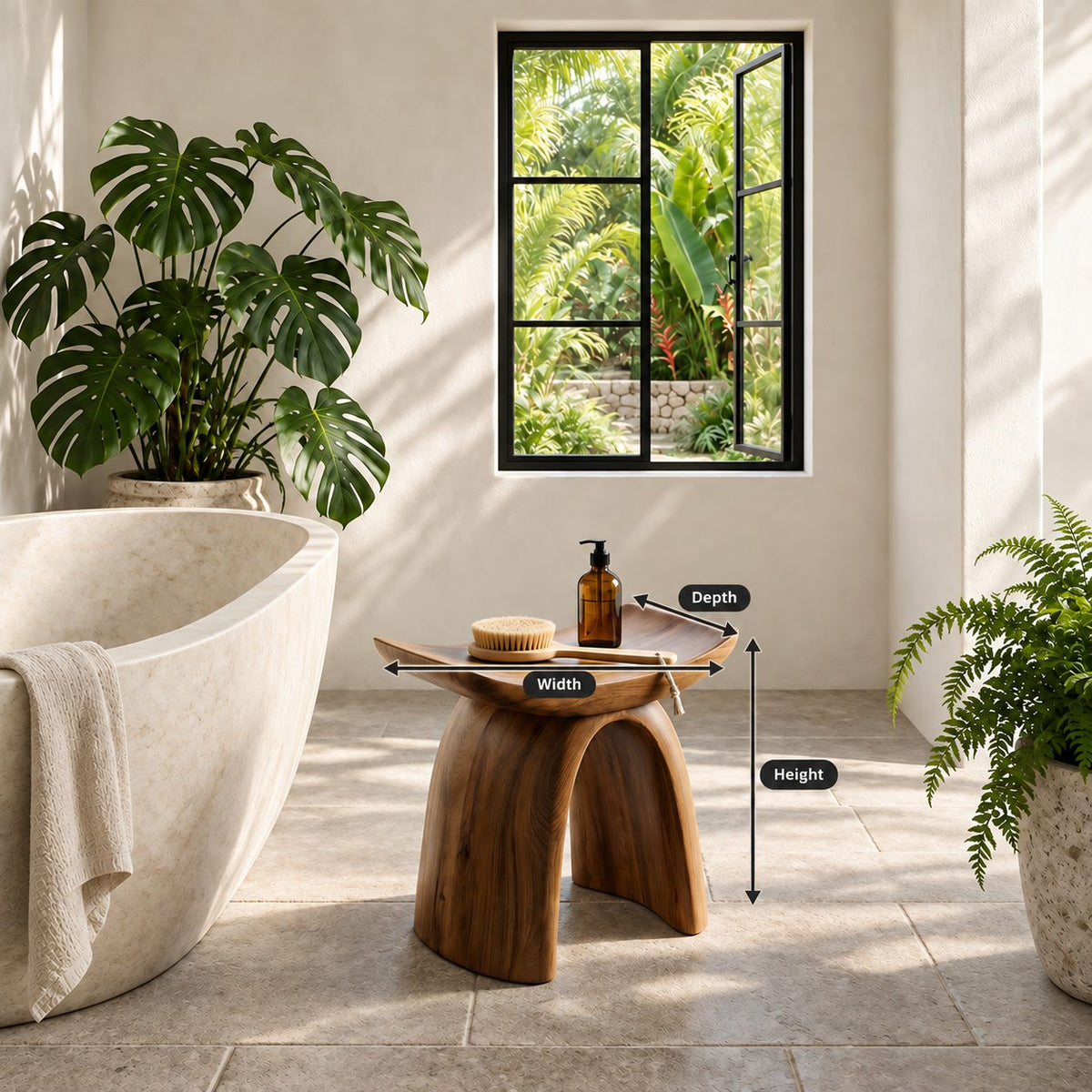 Bow Leg Saddle Shower Stool, Solid Wood Bath Seat with Upturned Ends on Two Arched Legs, 18-24 Inch