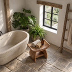 Flared Wing Shower Stool, Solid Wood Bath Seat with Curved Slab Legs and Low Stretcher, 18 Inch