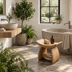 Flared Wing Shower Stool, Solid Wood Bath Seat with Curved Slab Legs and Low Stretcher, 18 Inch