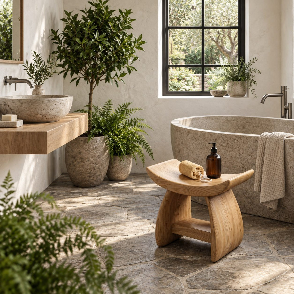Flared Wing Shower Stool, Solid Wood Bath Seat with Curved Slab Legs and Low Stretcher, 18 Inch