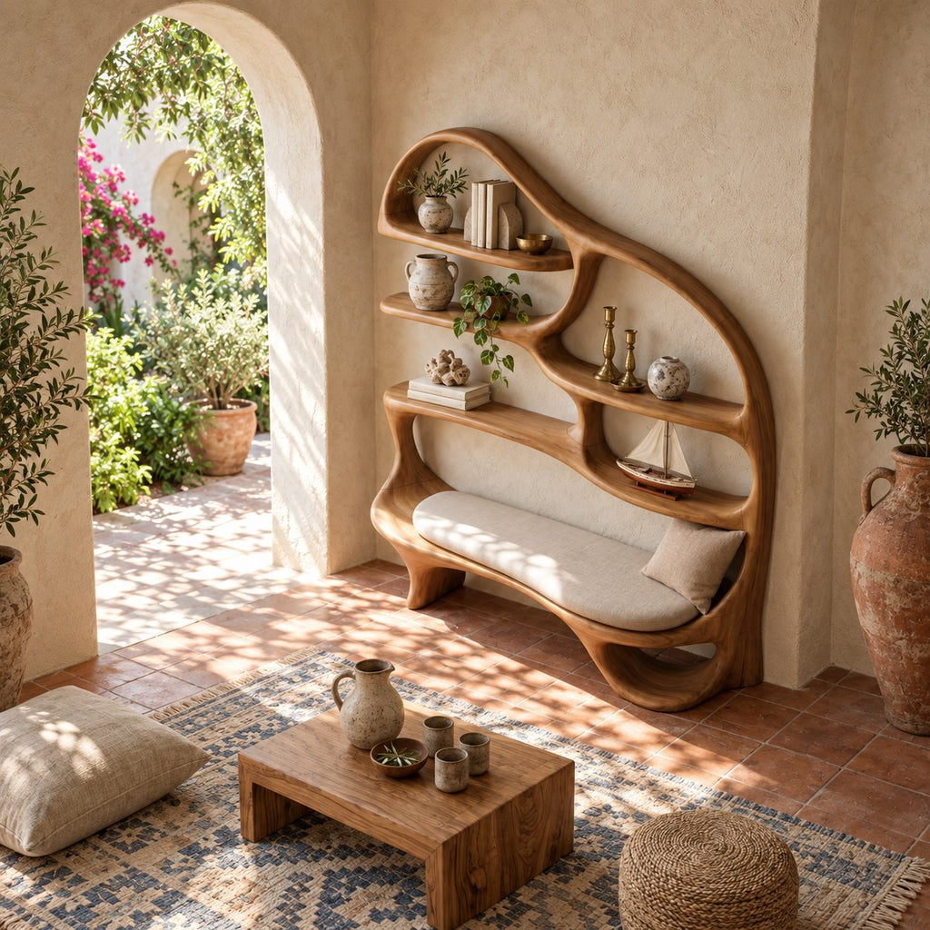 Reading Nook Bookshelf with Built In Bench Seat, Curved Organic Wood Bookcase for Living Room