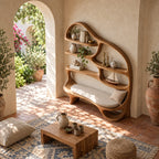 Reading Nook Bookshelf with Built In Bench Seat, Curved Organic Wood Bookcase for Living Room