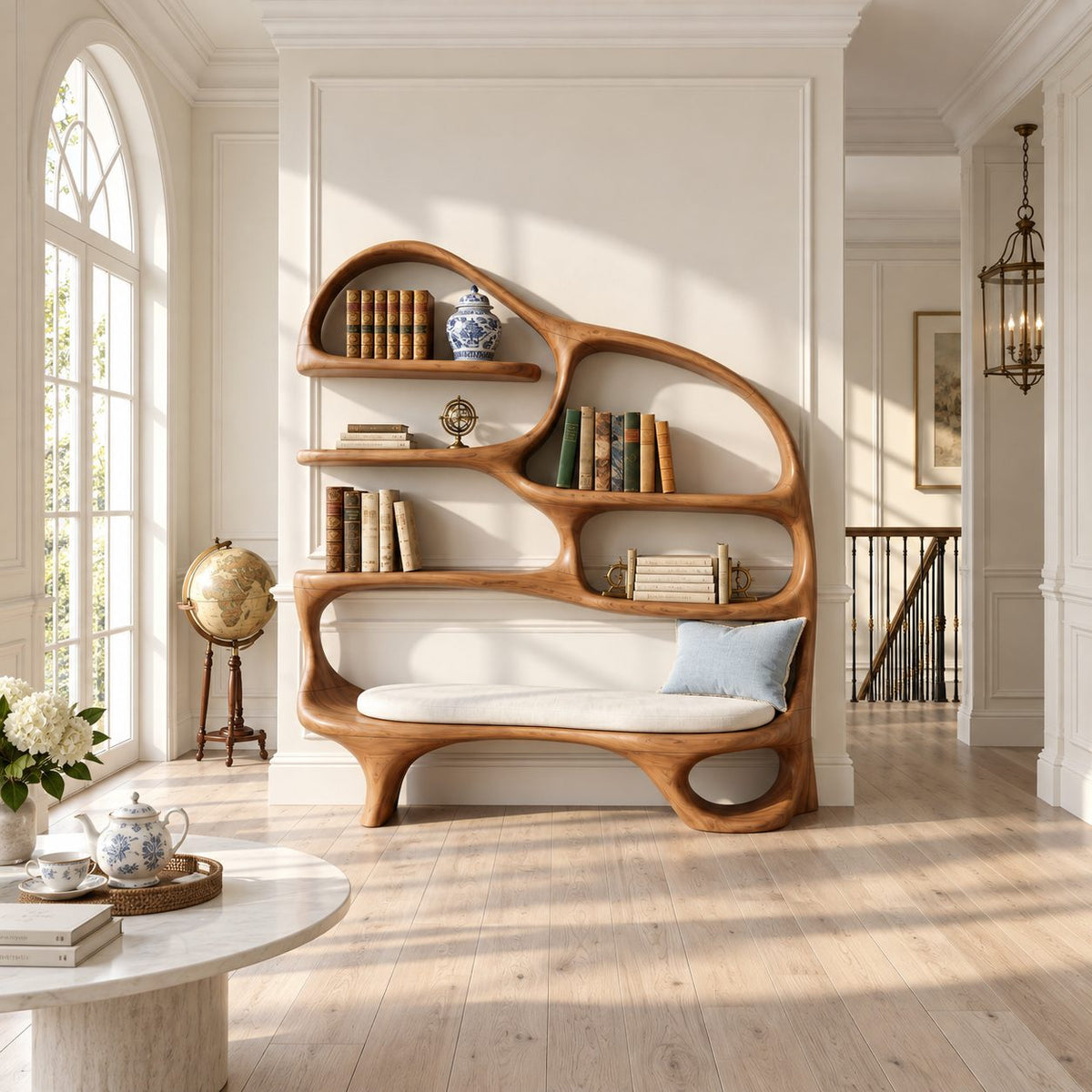 Reading Nook Bookshelf with Built In Bench Seat, Curved Organic Wood Bookcase for Living Room