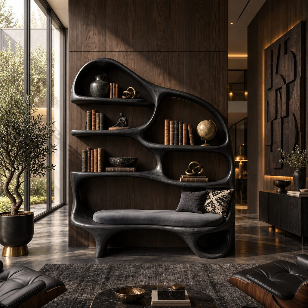 Reading Nook Bookshelf with Built In Bench Seat, Curved Organic Wood Bookcase for Living Room