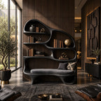 Reading Nook Bookshelf with Built In Bench Seat, Curved Organic Wood Bookcase for Living Room