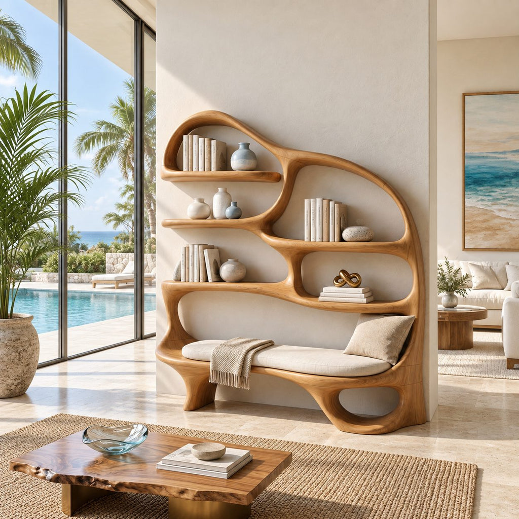 Reading Nook Bookshelf with Built In Bench Seat, Curved Organic Wood Bookcase for Living Room