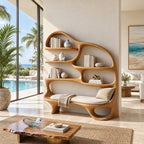 Reading Nook Bookshelf with Built In Bench Seat, Curved Organic Wood Bookcase for Living Room