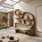 Reading Nook Bookshelf with Built In Bench Seat, Curved Organic Wood Bookcase for Living Room