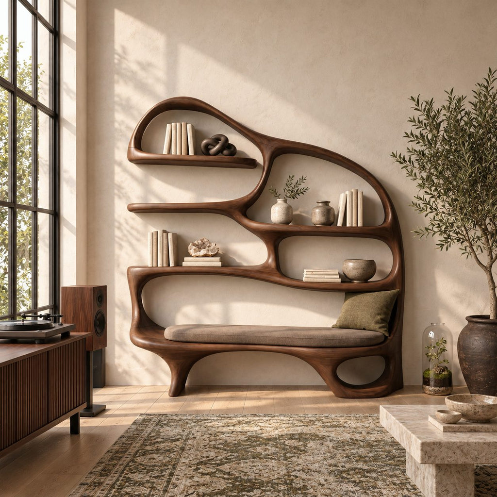 Reading Nook Bookshelf with Built In Bench Seat, Curved Organic Wood Bookcase for Living Room