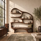 Reading Nook Bookshelf with Built In Bench Seat, Curved Organic Wood Bookcase for Living Room