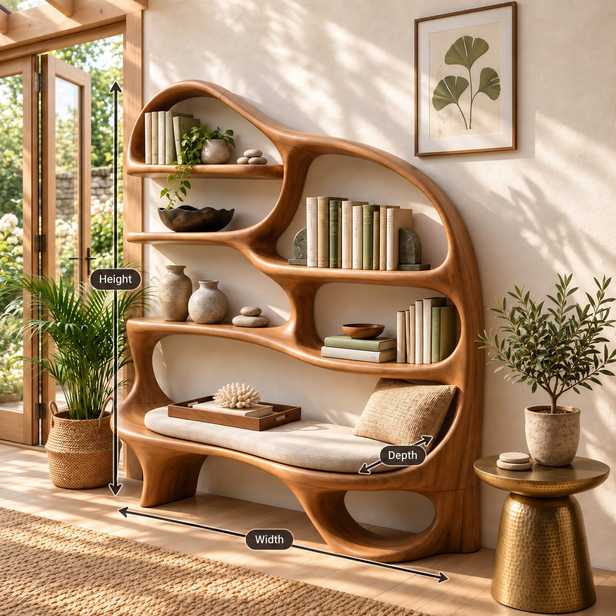 Reading Nook Bookshelf with Built In Bench Seat, Curved Organic Wood Bookcase for Living Room