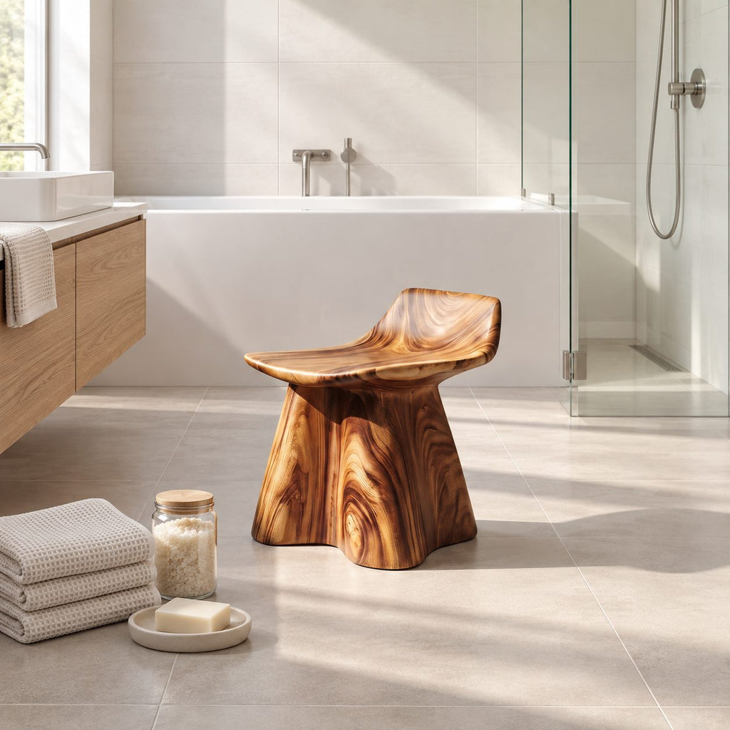 Whale Tail Carved Shower Stool, Solid Wood Bath Stool with Scooped Seat and Flared Trunk Base, 14 Inch