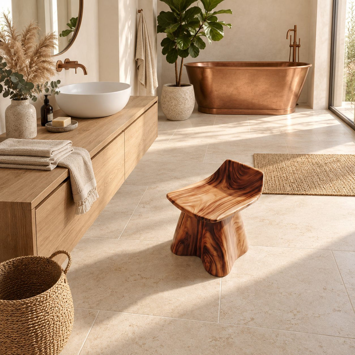 Whale Tail Carved Shower Stool, Solid Wood Bath Stool with Scooped Seat and Flared Trunk Base, 14 Inch