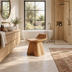 Whale Tail Carved Shower Stool, Solid Wood Bath Stool with Scooped Seat and Flared Trunk Base, 14 Inch