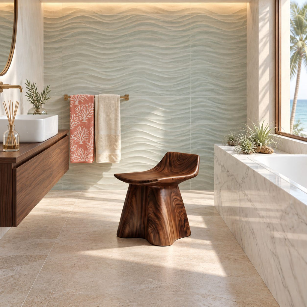 Whale Tail Carved Shower Stool, Solid Wood Bath Stool with Scooped Seat and Flared Trunk Base, 14 Inch