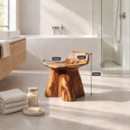 Whale Tail Carved Shower Stool, Solid Wood Bath Stool with Scooped Seat and Flared Trunk Base, 14 Inch