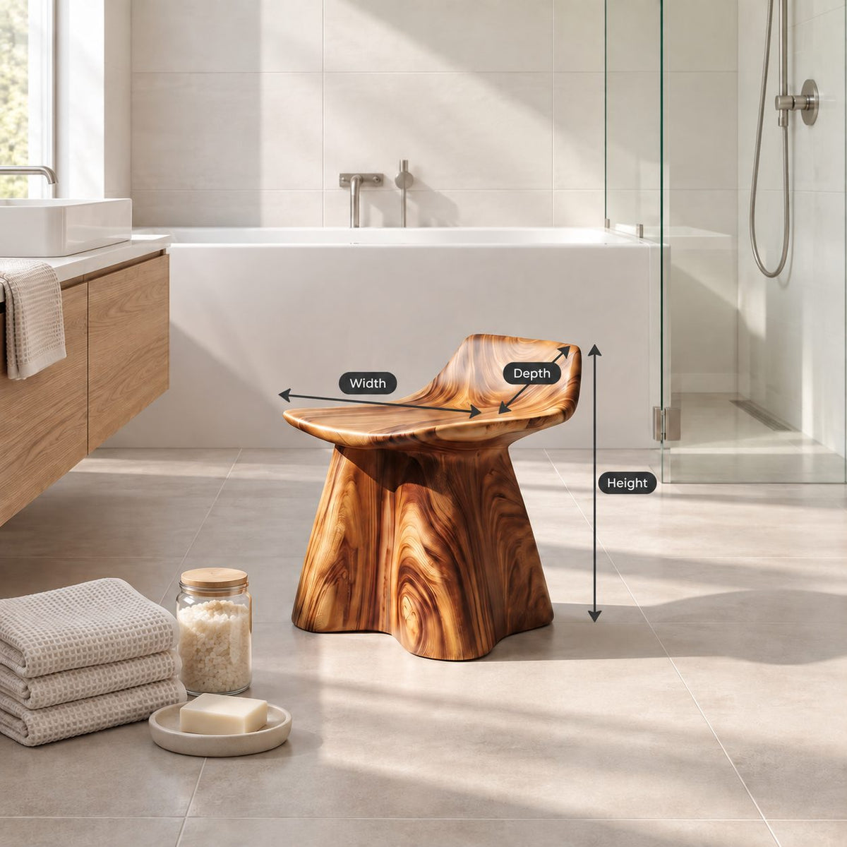 Whale Tail Carved Shower Stool, Solid Wood Bath Stool with Scooped Seat and Flared Trunk Base, 14 Inch