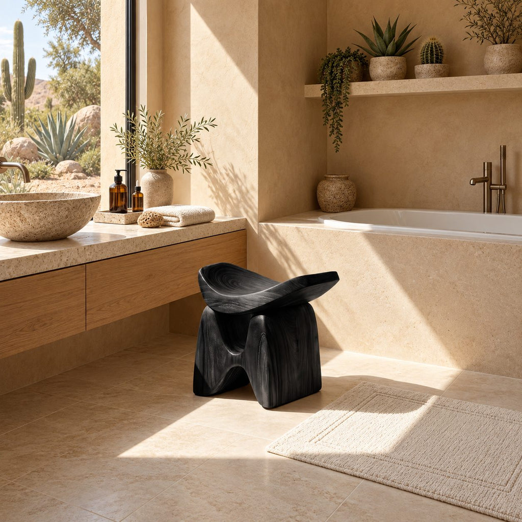 Low Wishbone Shower Stool, Carved Solid Wood Bath Seat with Upswept Saddle Top and Split Legs, 16 Inch