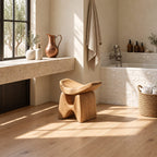 Low Wishbone Shower Stool, Carved Solid Wood Bath Seat with Upswept Saddle Top and Split Legs, 16 Inch